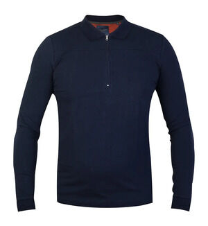 Guide London Navy Solid Jersey Knit Front Zip Long Sleeve Polo/3409